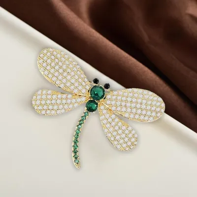 Green Rhinestone Dragonfly Brooch